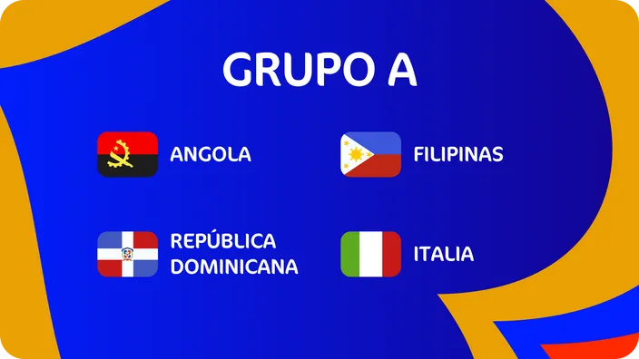 Imagen del grupo A con las banderas de Angola, Filipinas, República Dominicana e Italia