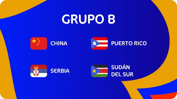 Imagen del grupo B con las banderas de China, Puerto Rico, Serbia y Sudán del Sur