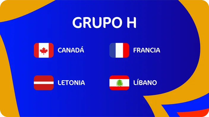 Imagen del grupo G con las banderas de Canadá, Francia, Letonia y Líbano
