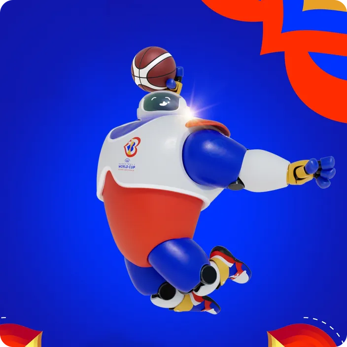 Imagen de la mascota del Mundial de baloncesto con una pelota haciendo un mate