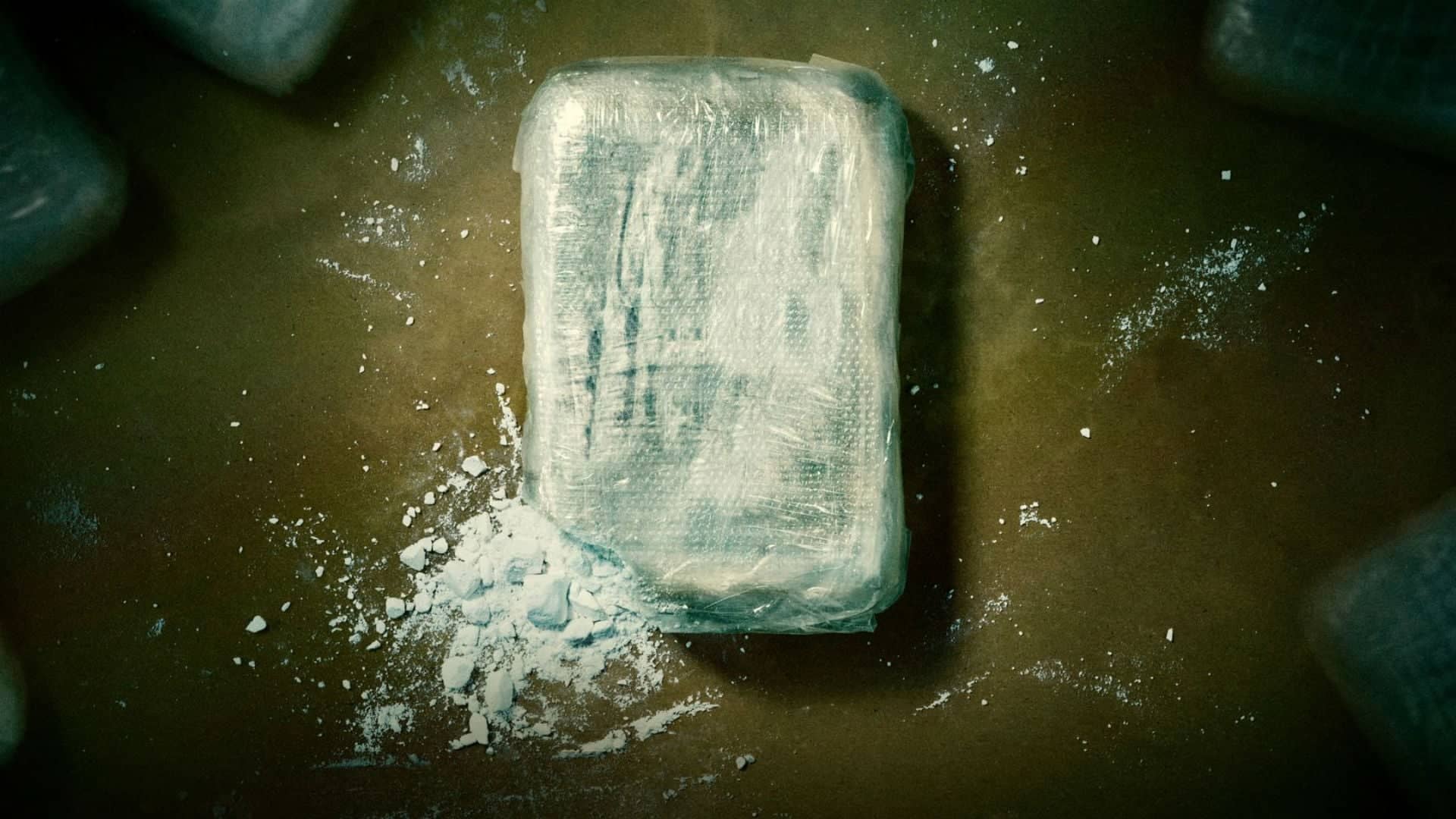 Fragmento de un paquete de droga abierto que representa la mini serie de Prime Video titulada ZeroZeroZero que va sobre la cocaína en México 