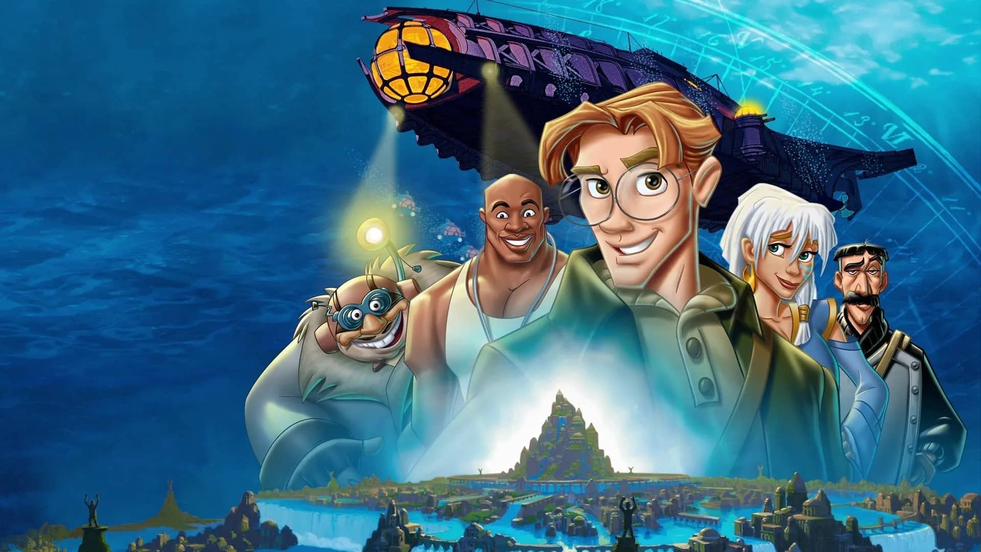 Imagen promocional de Atlantis con los personajes de animación en el fondo del mar junto a un submairno