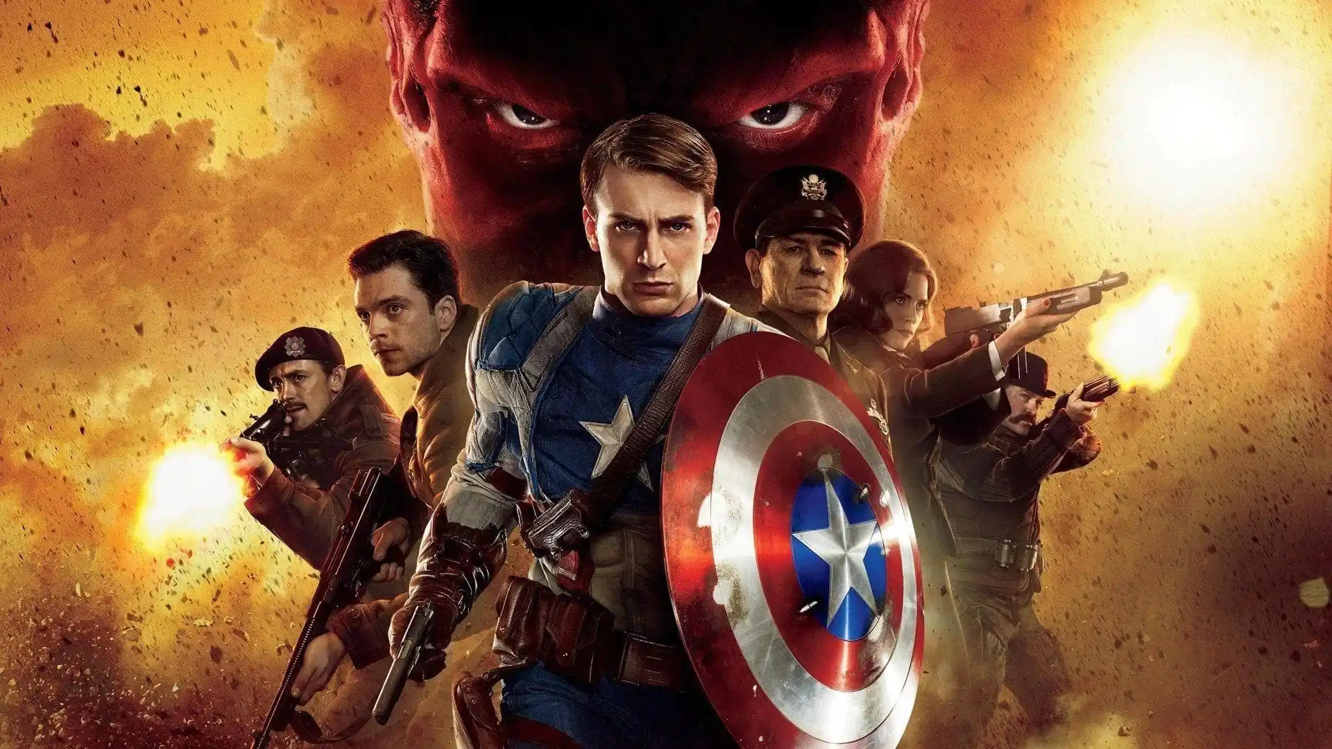 Artwork de Capitán América con el superhérore rodeado de soldados con una besrtia roja detrás