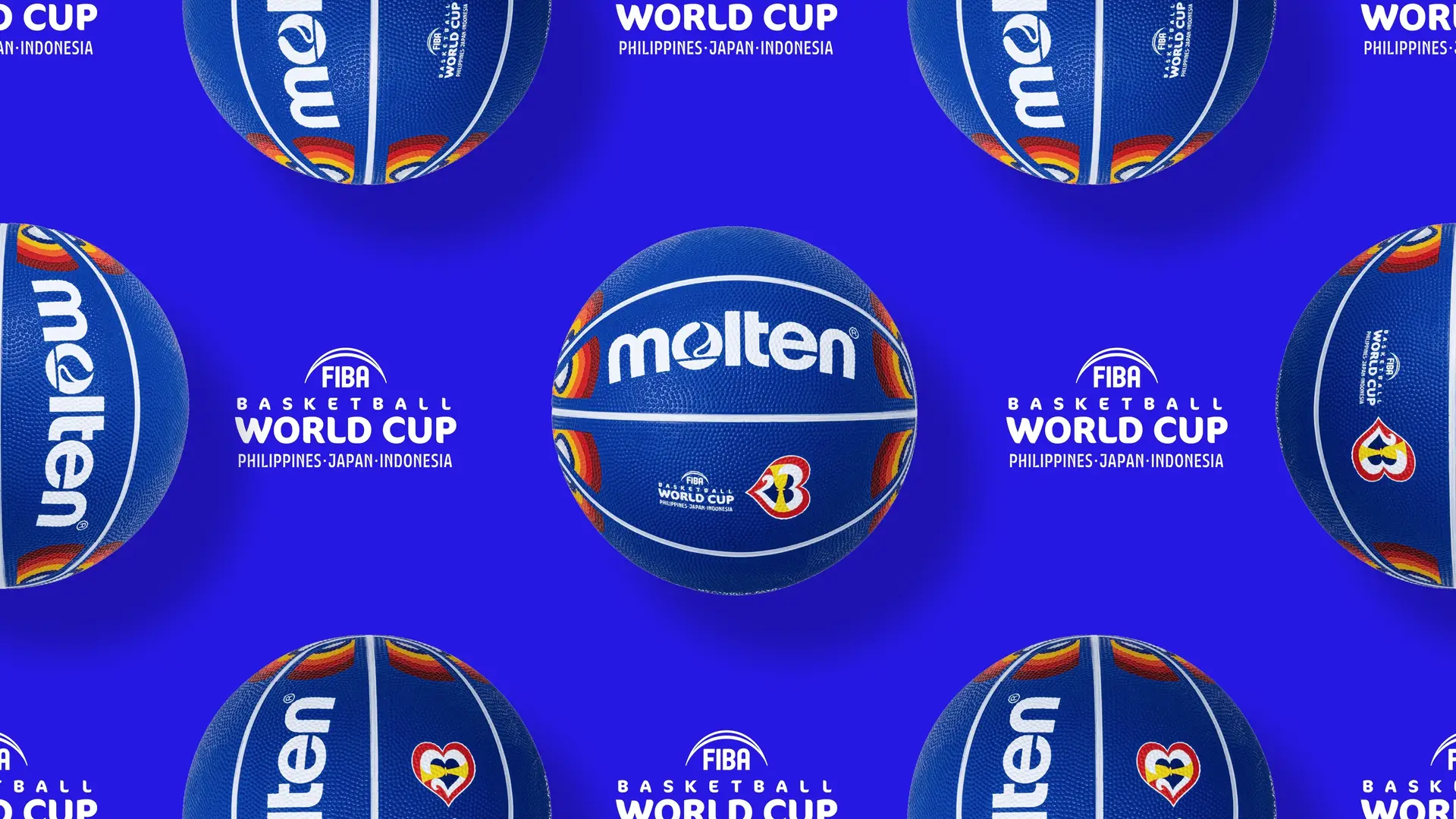 Mosaico de logotipos de la Basketball World Cup o Mundial de baloncesto junto a los balones de la misma competición