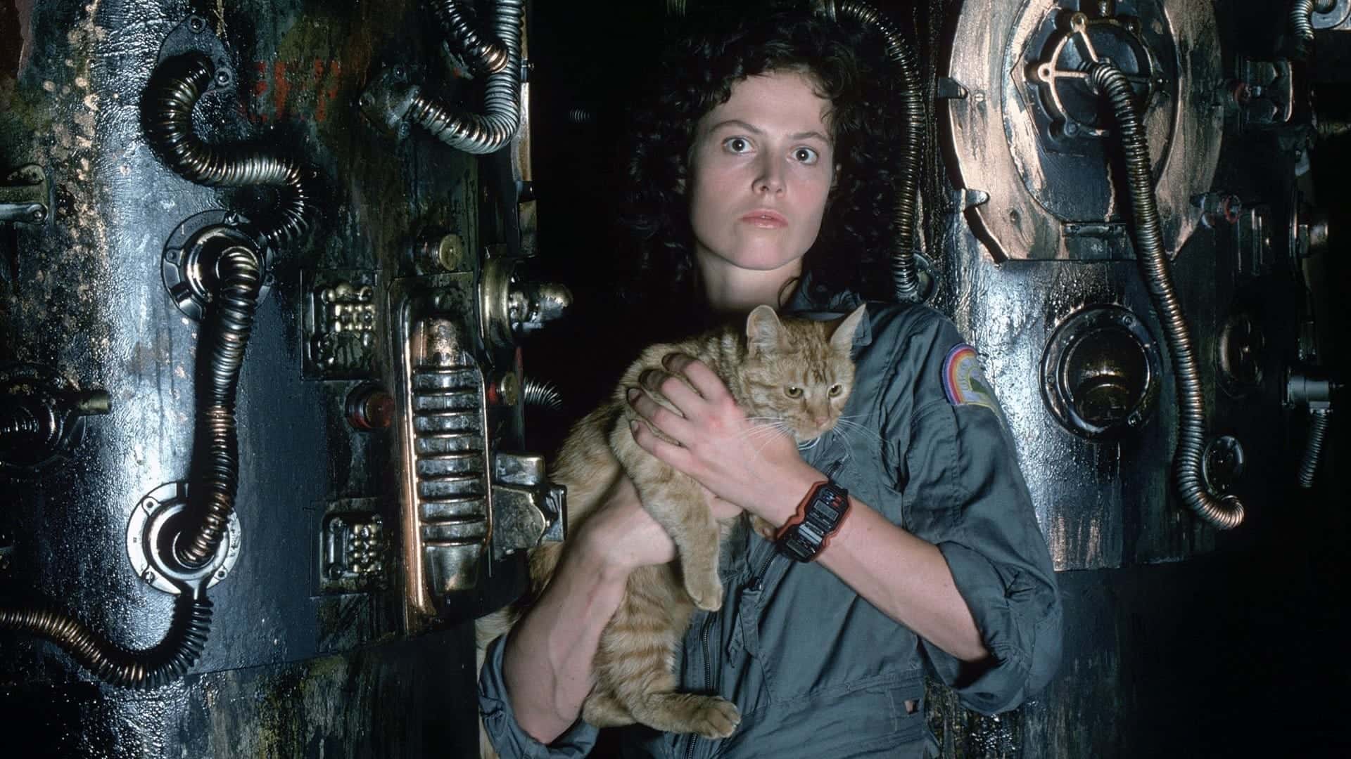 Una de las personajes de la película de terror Alien, el octavo pasajero sujetando un gato