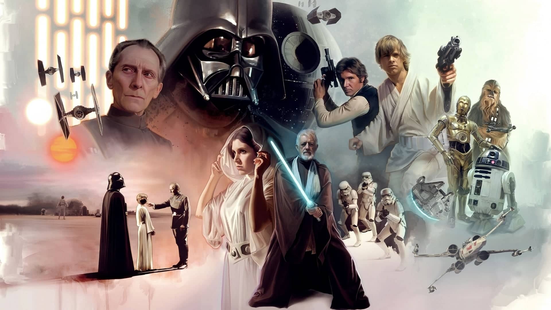 Ilustración promocional de los personajes la triología original de Star Wars, toda la saga esta disponible para ver en disney plus