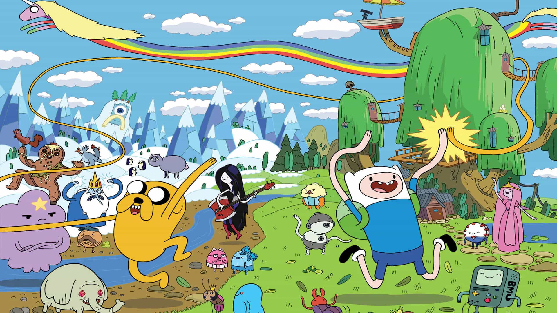 Jake el perro y Finn el humano rodeados de sus amigos en la hilarante serie de animación Hora de aventuras